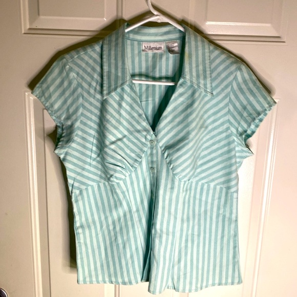 Millenium Striped Button Down SS EUC Pale Blue - Picture 5 of 6